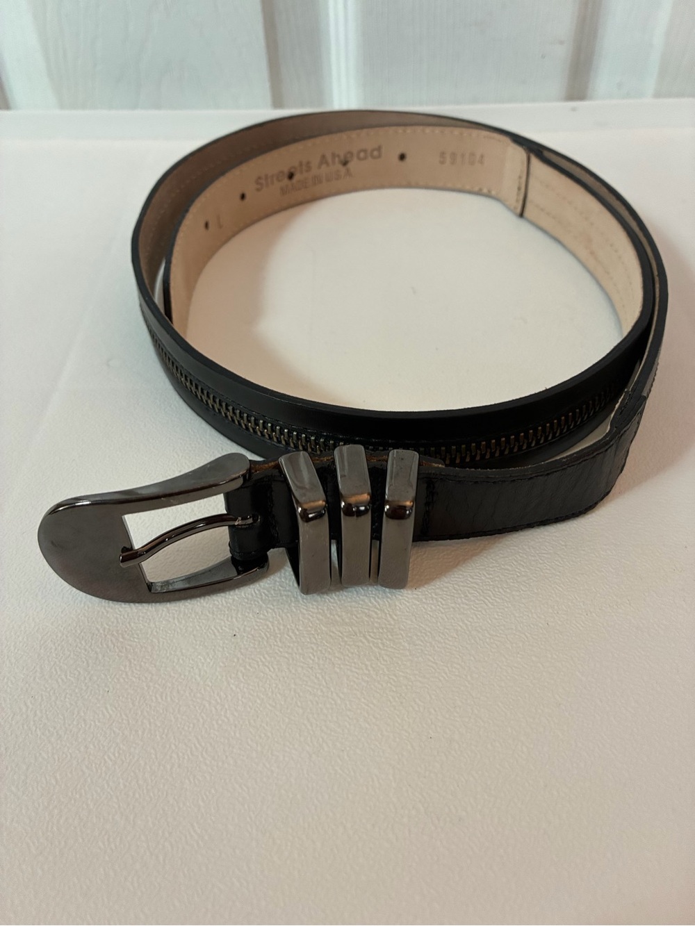 Streets Ahead Black Leather Zipper Belt Gunmetal Multi-Loop Buckle Size L Y2K